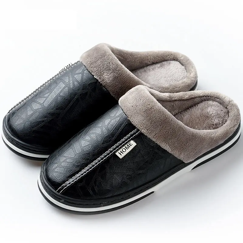 Мужские тапочки; кожаная зимняя обувь; мужские теплые домашние тапочки из водонепроницаемого материала; коллекция года; брендовая Нескользящая Мужская обувь из плюша размера плюс - Цвет: Black2