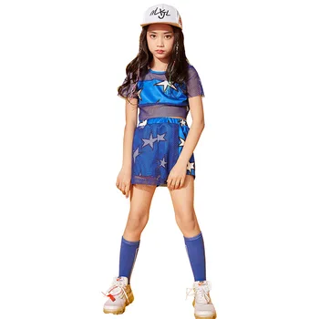 

For Height 110-180 Girls Short T-shirt Shorts Mesh Set Children Hip Hop Walking Show Costume Girl Jazz Dance Performance Clothes
