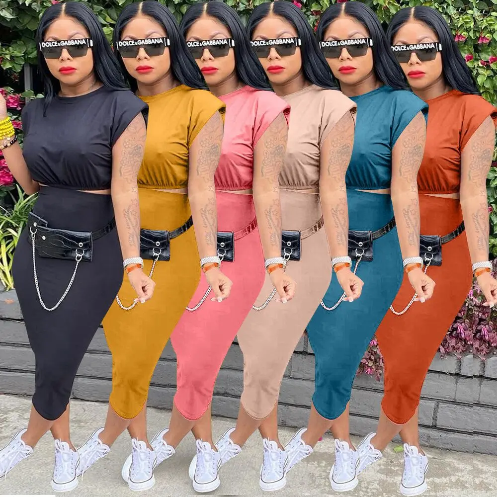 2021 Sexy verano dos piezas para las mujeres de Color sólido pantalón corto Casual de manga larga o-Cuello camiseta y faldas traje de moda de S-XXL