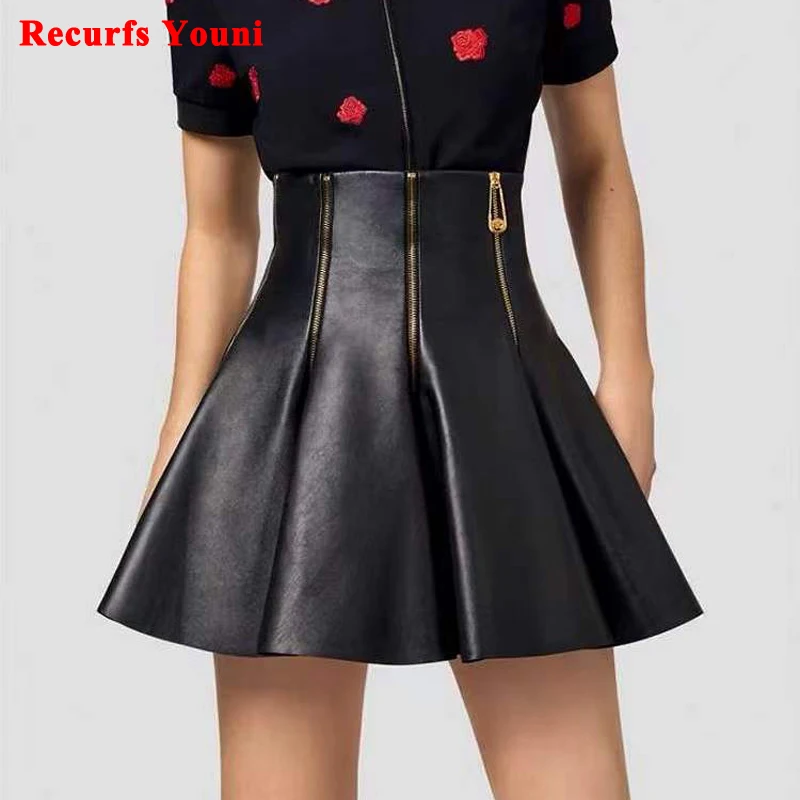 

European American High Street Leather Skirts Women Ladies High Waist Pettiskirt Mujer Genuine Sheepskin Zippers Niche Mini Jupe
