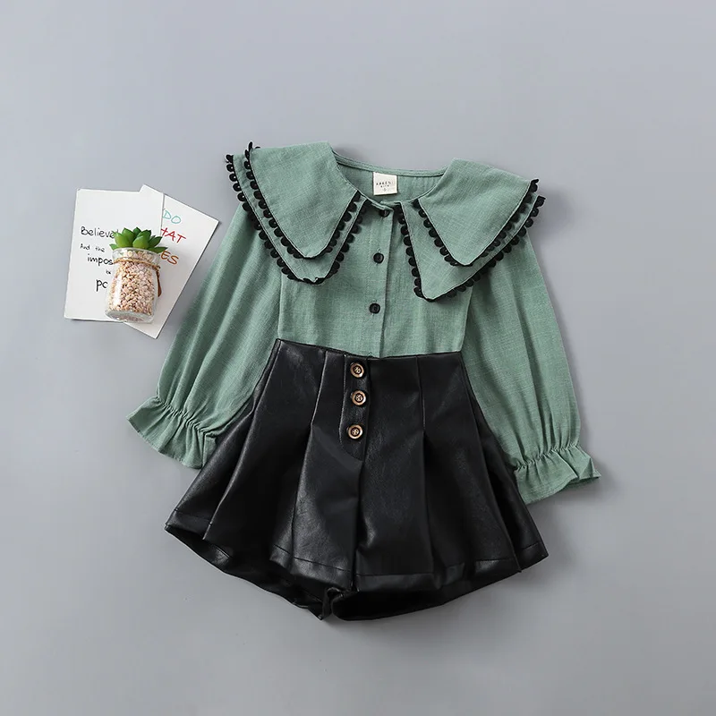 Осенняя одежда для девочек клетчатые рубашки и комплекты кожаных шорт Детские Модные Повседневные комплекты из 2 предметов для девочек милые костюмы принцессы детская одежда - Цвет: Армейский зеленый