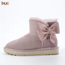 INOE женские замшевые короткие зимние ботинки из овечьей кожи с меховой подкладкой Повседневная зимняя обувь с бантиком зимние полусапоги цвета сумерки теплые зимние ботильоны с бантом натуральный мех Размеры 35-44