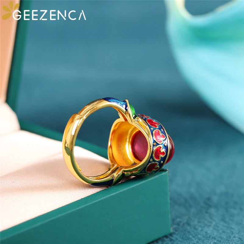GEEZENCA S925 Silver Gold Plated Red Corundum Enamel Color Women's Ring Cloisonne Vintage Trendy Open Rings Fine Jewel