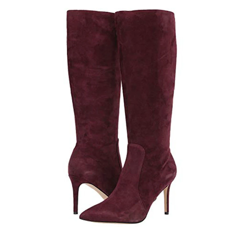 Women Pointed Toe Knee High Boots Stiletto High Heel Long Boot Snake PU Leather Red Black Grey suede Lady Large Size Winter