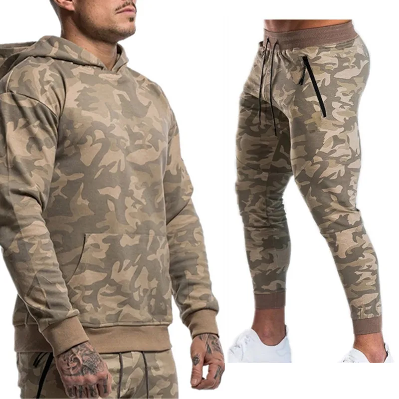 Мужские спортивные костюмы, мужской комплект, Беговая одежда, Ropa De Marca Chandal, повседневный комплект с капюшоном, камуфляжный, с большим карманом, хлопковое платье, спортивный костюм