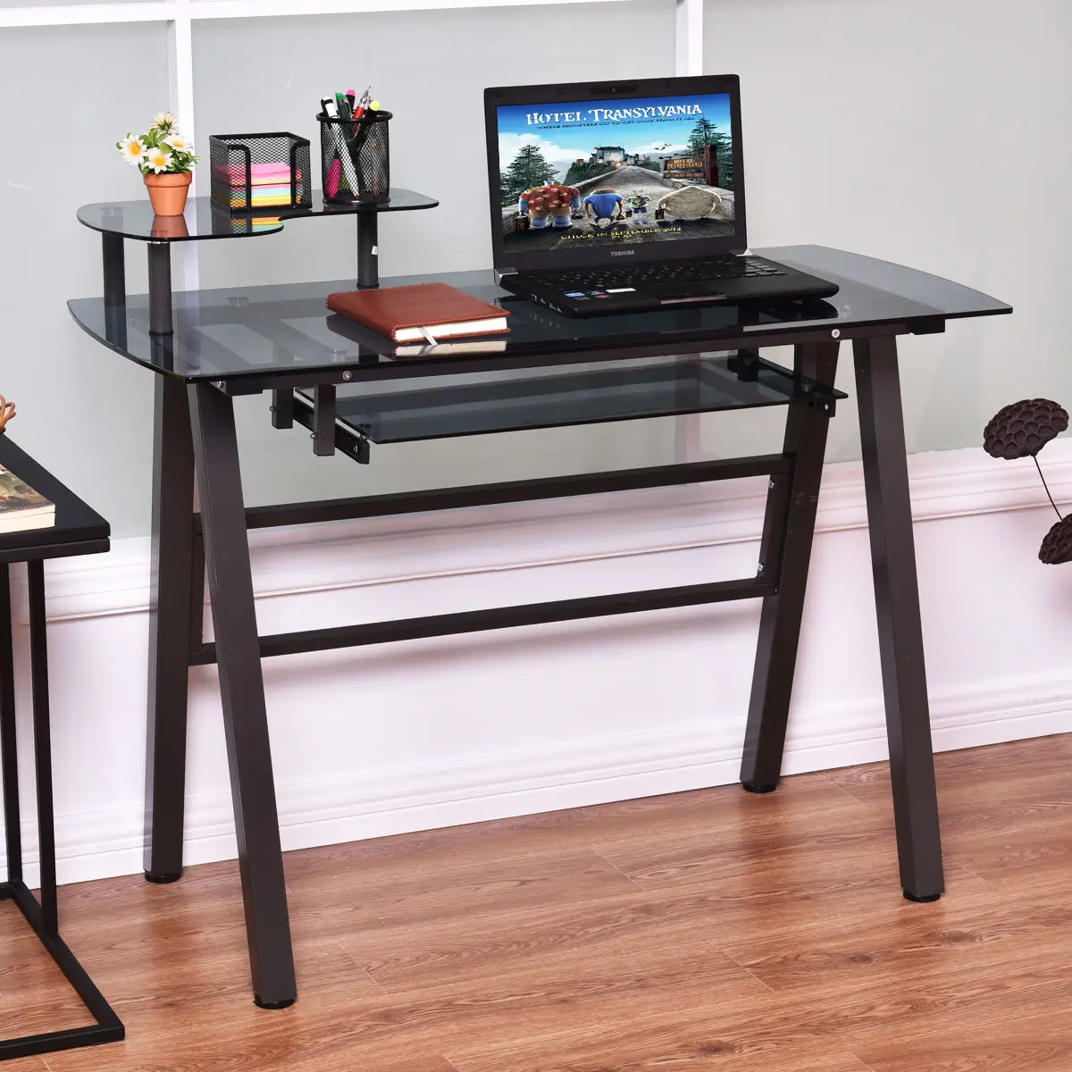 

Costway Glass Top Computer Desk PC Laptop Table Workstation Metal Frame w/Printer Shelf