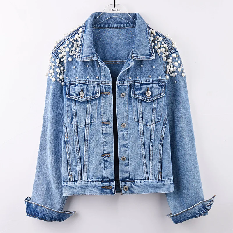 

2019 Autumn Suit-dress Heavy Nail Pearl Short Cowboy Loose Coat Loose Jacket Jacket