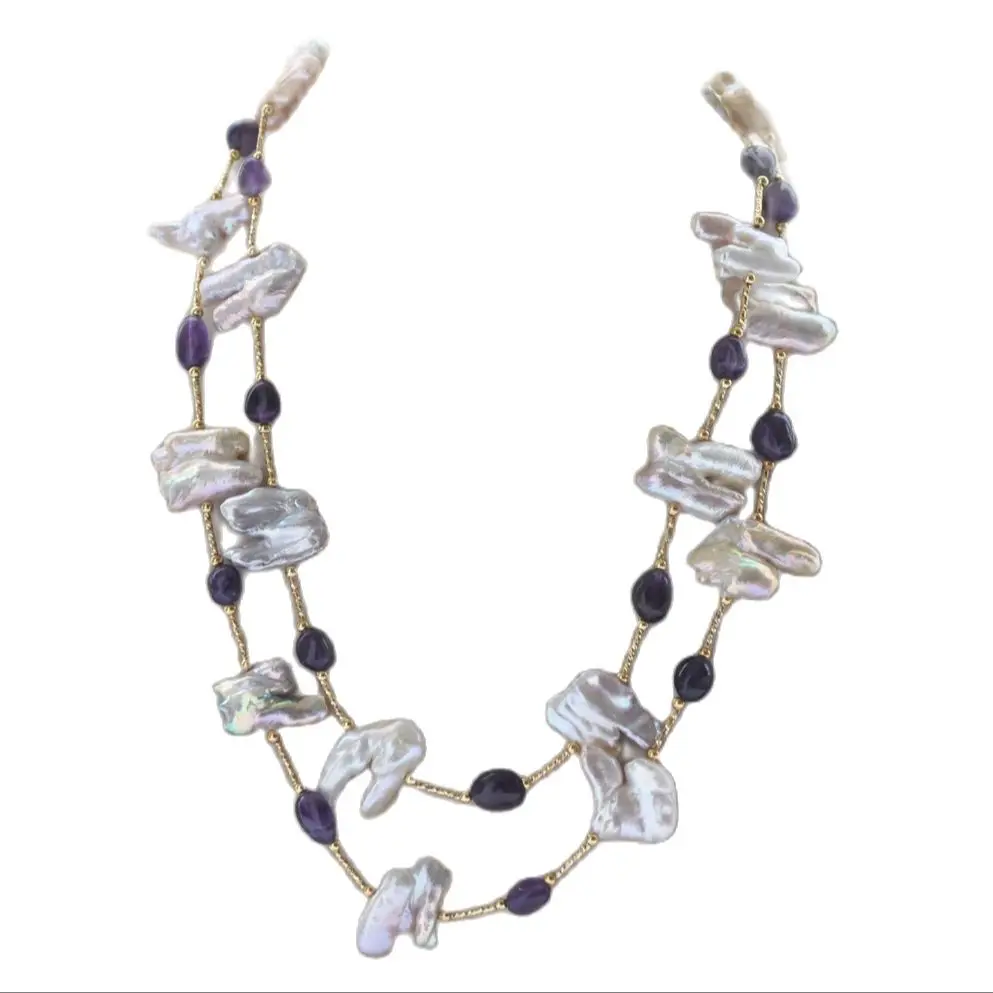 

MCT·STAR Z10783 40" 26mm Pink Lavender Baroque Double Biwa Pearl Amethyst Necklace