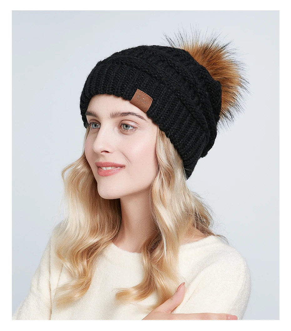 ENJOYFUR женские зимние вязаные мешковатые шапки-Боб шапка теплая Лыжная шапка с черепом шапка с помпоном из искусственного меха для леди