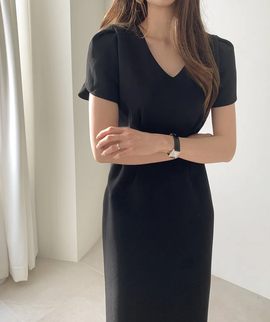 Woherb Korean Chic Women Dress Short Sleeve Casual V-Neck Elegant Office Lady Dresses 2020 New Slim Waist Robe Vestidos Mujer