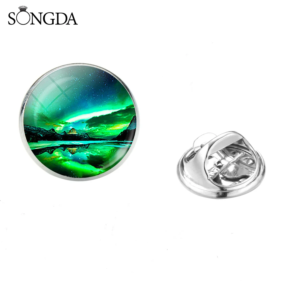 Romantic Green Aurora Borealis Brooches Colorful Northern Lights Forest Scene Glass Photo Cabochon Clasp Pins Badges 2019 | Украшения и