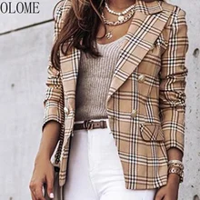 Jaqueta de blazer xadrez de olome feminino primavera outono manga longa casual fino fino blazers cáqui mulher casacos elegante casaco de escritório