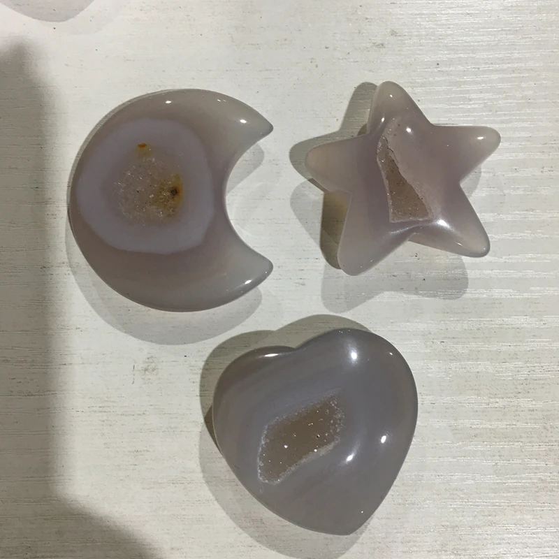 

Natural Gray agate heart moon star Quartz Flower Crystal Hand Carved Gemstones