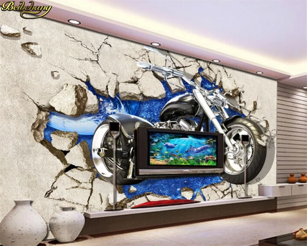 Beibehang 3d Tridimensional Quebrado Pintura da Parede da Motocicleta 3d Papel de Parede Barra Ktv Restaurante Fundo