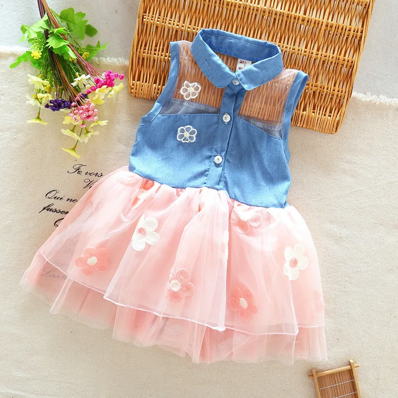 Hot Selling Summer Girls Lace Sleeveless Princess Dress Upper Body Cowboy Fashion Beach Lovely Child Dresses
