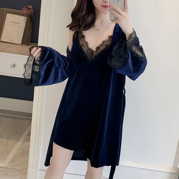

Casual Twinset Robe Suit Sleepwear Velour Lounge Kimono Bath Gown Young Lady Sexy Intimate Lingerie Softy 2PCS Bathrobe&Nighty