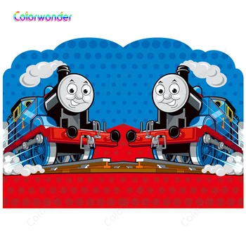 

Cartoon Background Blue Train with White Smoke Running on the Way Blue and Red Photogrpahy with Dots Backdrops for Kids Birthday