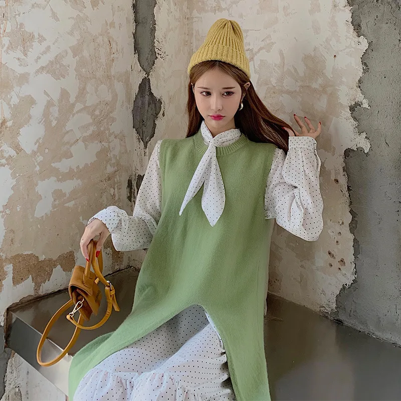 

Photo Shoot 2019 Most New Style Fashion Polka Dot Base Mid-length Flounced Skirt plus Knitted Sweater Vest Skirt Two-Piece Set