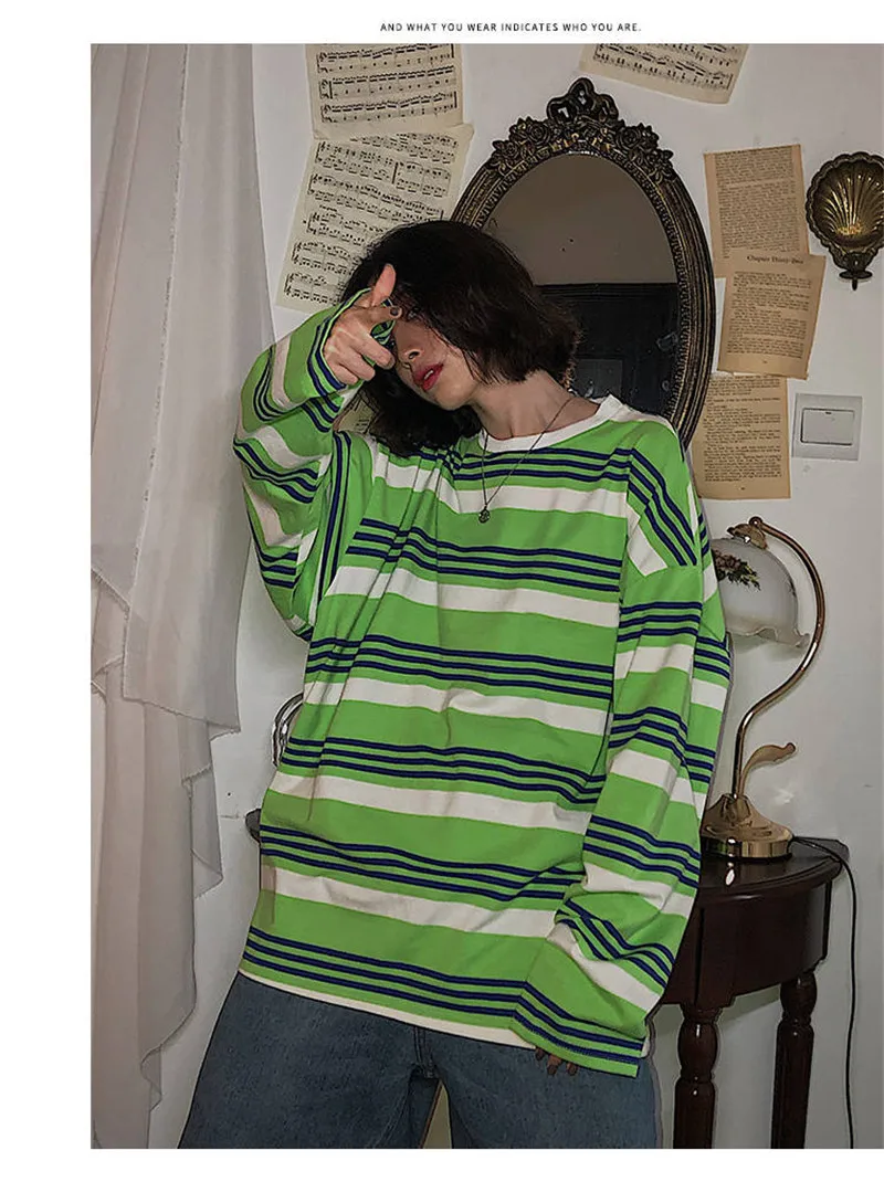 Корейский Ins Fresh Girl весна колледж Стиль ретро полосатый круглый вырез длинный рукав хлопок Модная рубашка свободные женские футболки