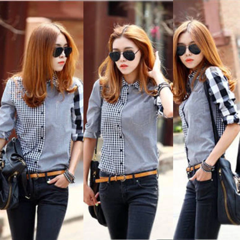 Brand New Women's Lady Loose Long Sleeve Casual Blouse Plaid Shirt Tops New Fashion Casual Turn-Down Collar Shirts blouses & shirts
