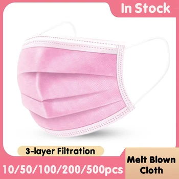 

10/50/100pcs Disposable Face Mask Non Woven Fabric 3 Layer Anti Dust Smog Civil Breathable Gauze Mask Adult Pink Face Mouth Mask
