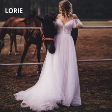 LORIE кружевное свадебное платье с v-образным вырезом и открытыми плечами пляжное свадебное платье в богемном стиле блестящее Тюлевое свадебное платье vestido de noiva gelinlik