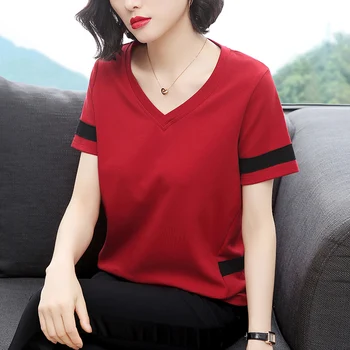 

Short-sleeved T-shirt and V-collar Cotton 2020 T-shirt New Summer Korean Version Large-Size Loose Half-sleeved Coloured
