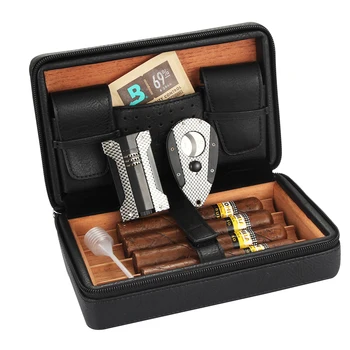 

Galiner Travel Cigar Humidor Cedar Wood Humidity Box Leather Cigar Case Hold 4 CT Humidor Box W/ Lighter Cutter Cigar Accesssory