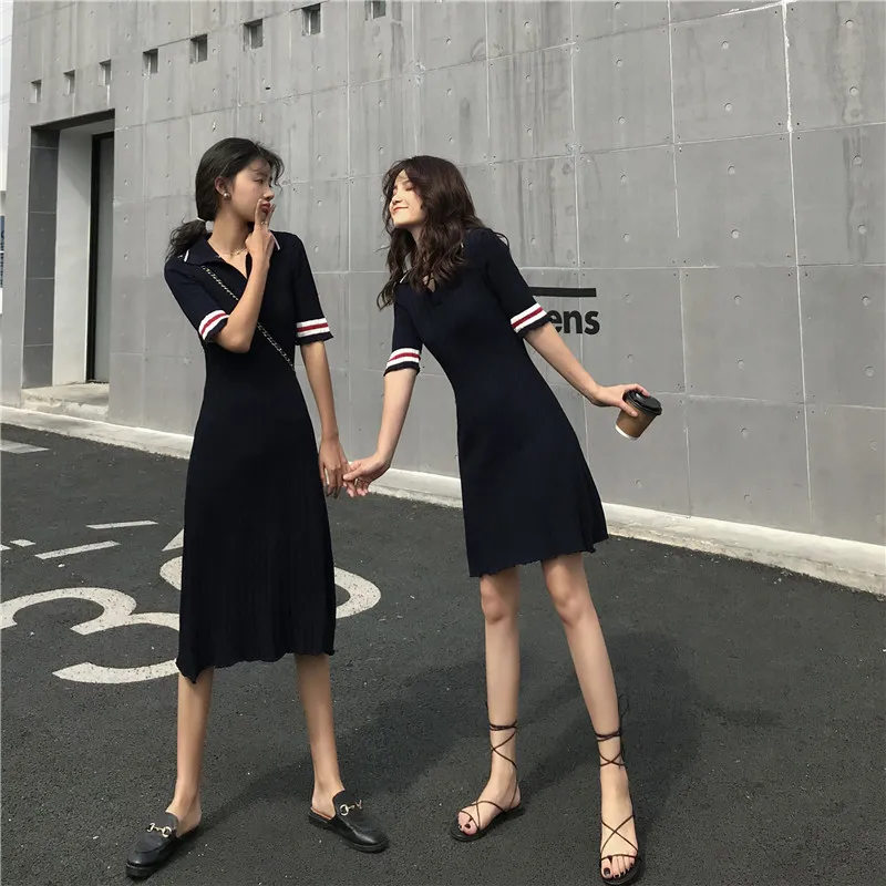 

Polo Collar Contrast Color Joint Mid-length A- line Pendulum Knit Short-sleeved Dress Women's