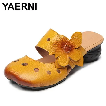 

YAERNI Genuine Leather Women Slippers Fashion Summer Slides Slip-On Office Lady Sandals Rubber Pumps Women Shoes Black Yellow