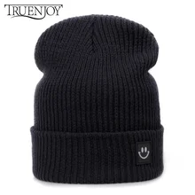 TRUENJOY/Милая кожаная женская вязаная теплая шапка в стиле хип-хоп с логотипом в виде улыбки, мужская вязаная шапка Skullies Beanies, зимняя уличная шапка, аксессуары