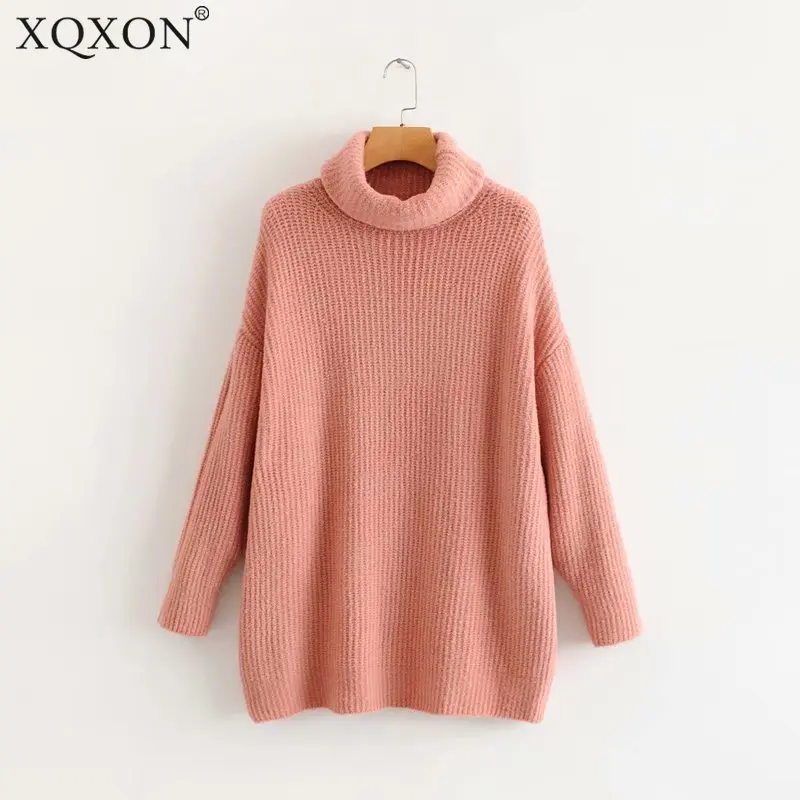 

2019 Fall Long Sleeve Pink Turtlenck Sweater Women Oversized Sweater Jumpers High Quality Winter Clothes Woman