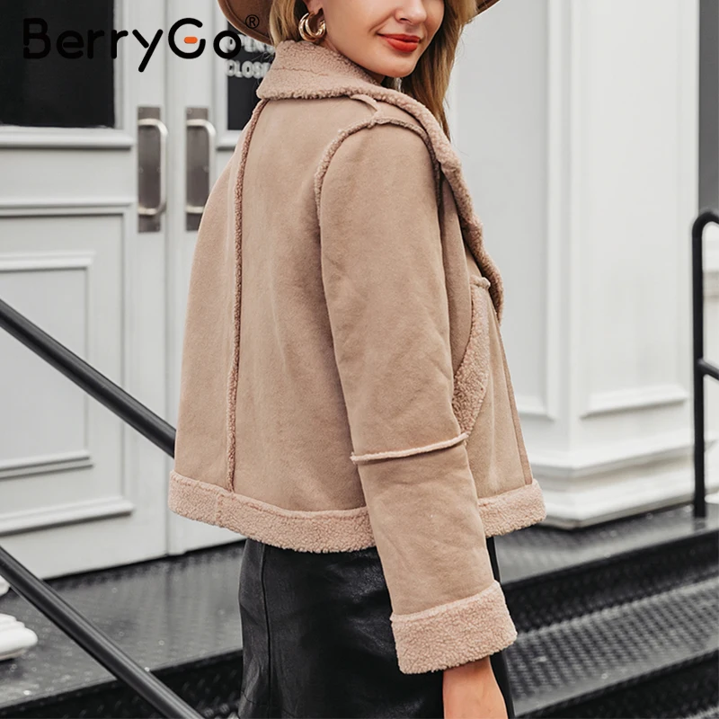 BerryGo, модное плюшевое замшевое лоскутное пальто из искусственного меха для женщин, осенне-зимняя женская теплая куртка с карманами, верхняя одежда, офисное Женское пальто