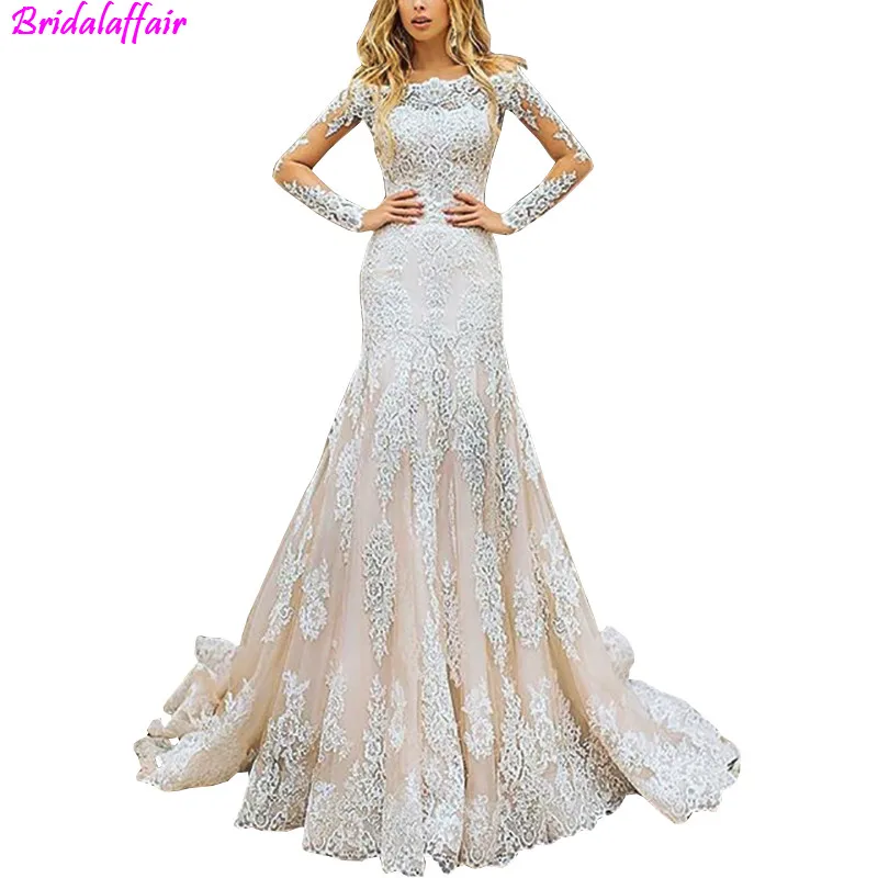 Trajes de novia/кружевное платье с длинными рукавами, большие размеры, свадебное платье, кружевные тюлевые Свадебные платья с аппликацией, свадебное платье
