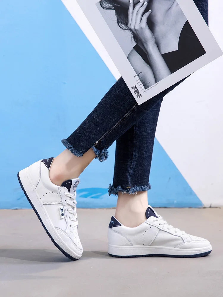 

2020 Spring Genuine Leather White Shoes Women's Casual Sports Flat Elevator Korean-style Lace-up Shoes STUDENT'S Shoes Women's F