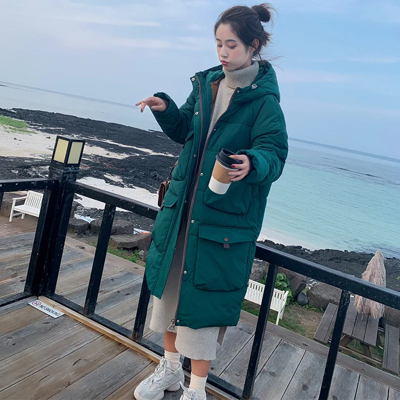 

2019 Korean-style down Jacket Women's Simple New Style Loose-Fit down Coat Hooded Thick over-the-Knee BF Style Students Cotton-p
