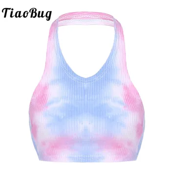 

TiaoBug Women Colorful Printed Tie-up Halter Crop Top Backless Workout Sports Dancewear Practice Pole Dance Costume Sexy Tops