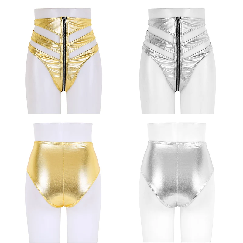 Tanie TiaoBug błyszczące, metalowe, wysokiej talii, z przodu na zamek błyskawiczny kobiety Hot Sexy Mini szorty klub nocny Party Rave etapie słup kostium taneczny