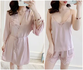 

Ladies Ice Silk Pajamas Set Sling Top + Shorts + Nightgown Three-Piece Home Service Lace Sexy Simulation Silk Beauty Pajamas