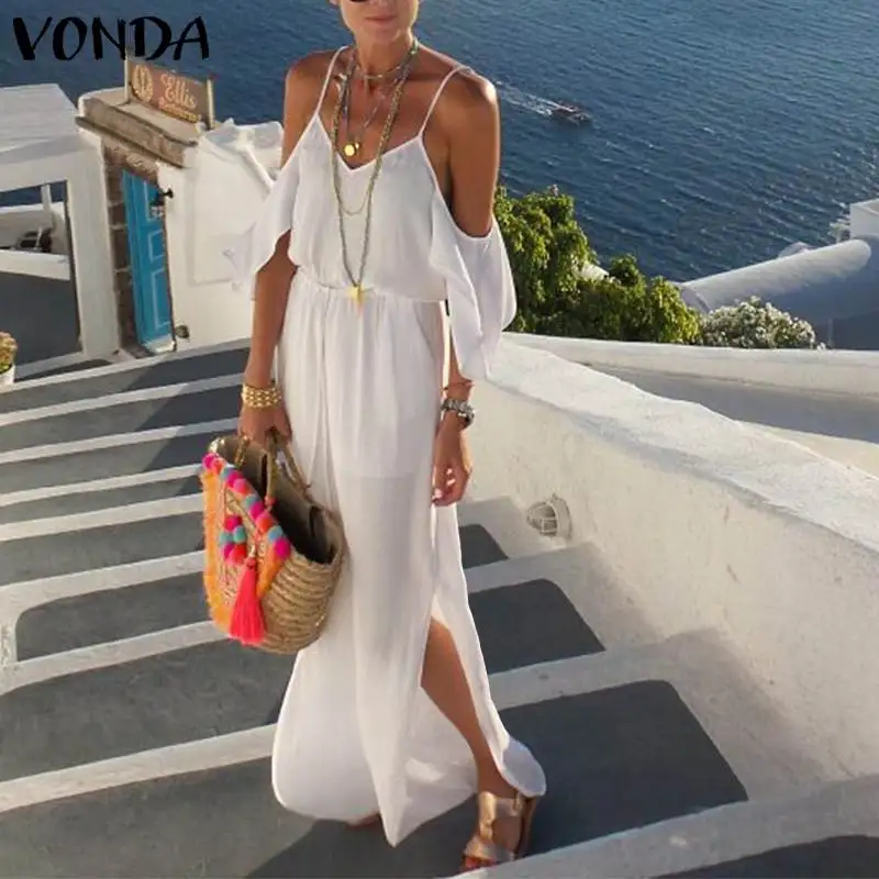 Vestido de playa VONDA 2020 Sexy sin mangas cuello pico fiesta Maxi Vestido largo de grande Casual Vestidos sueltos -