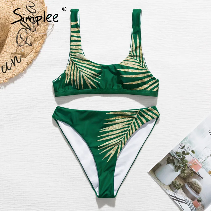 Simplee Sexy leave print bikini Bandeau high cut beach wear swimwsuit wear Elegant spring summer swimwear bathers biquini 2020