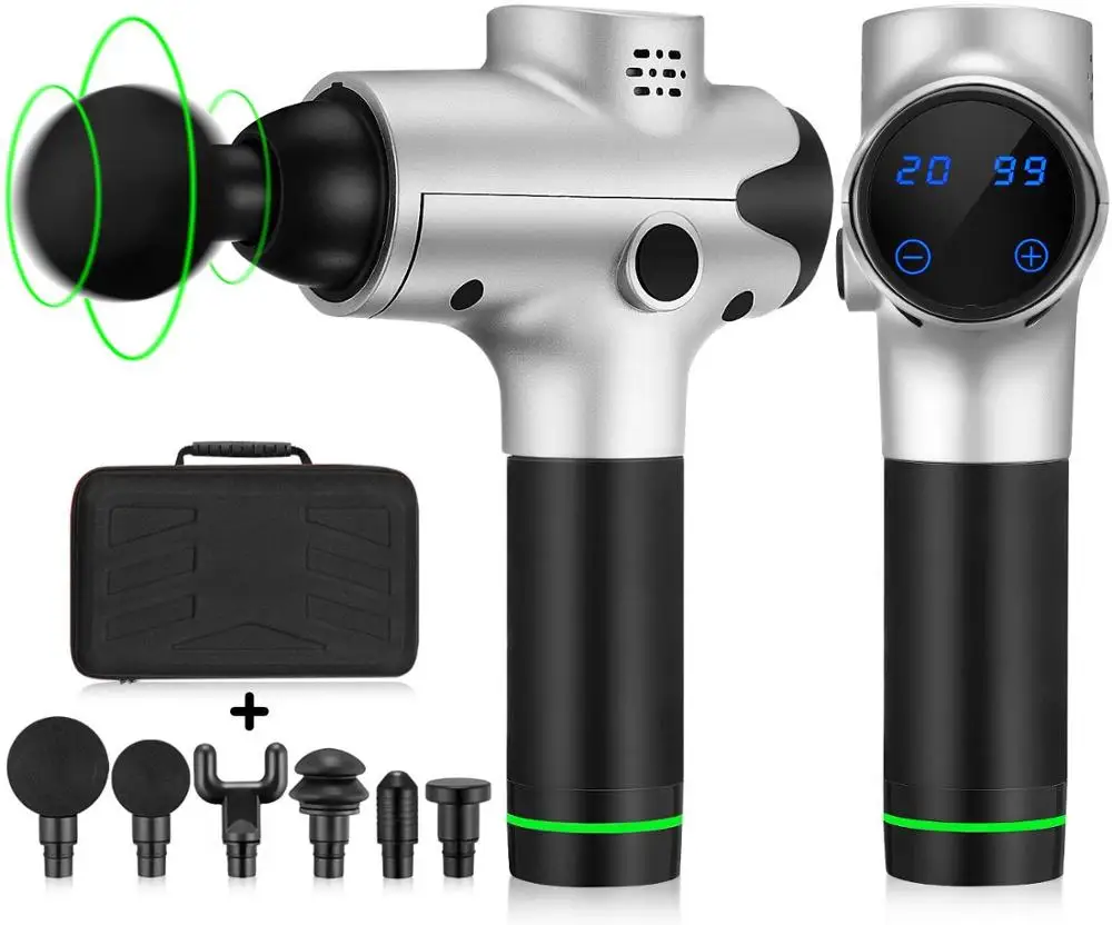 Электрический массажный пистолет, массажер для расслабления мышц, 20 скоростей, ударная вибрационная терапия, сенсорные кнопки, фитнес-оборудование, 6 головок