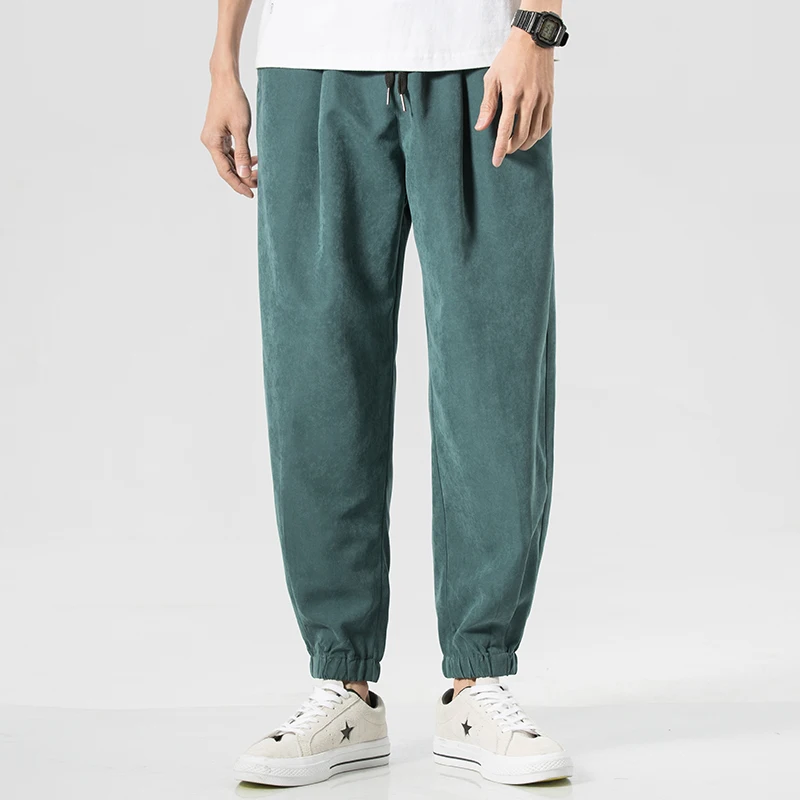 

New Casual Cotton Stripe Harem Sweatpants Men Ankle Banded Jogger Pencil Pant Fashion Green Blue Drawstring Elastic Waist Pants