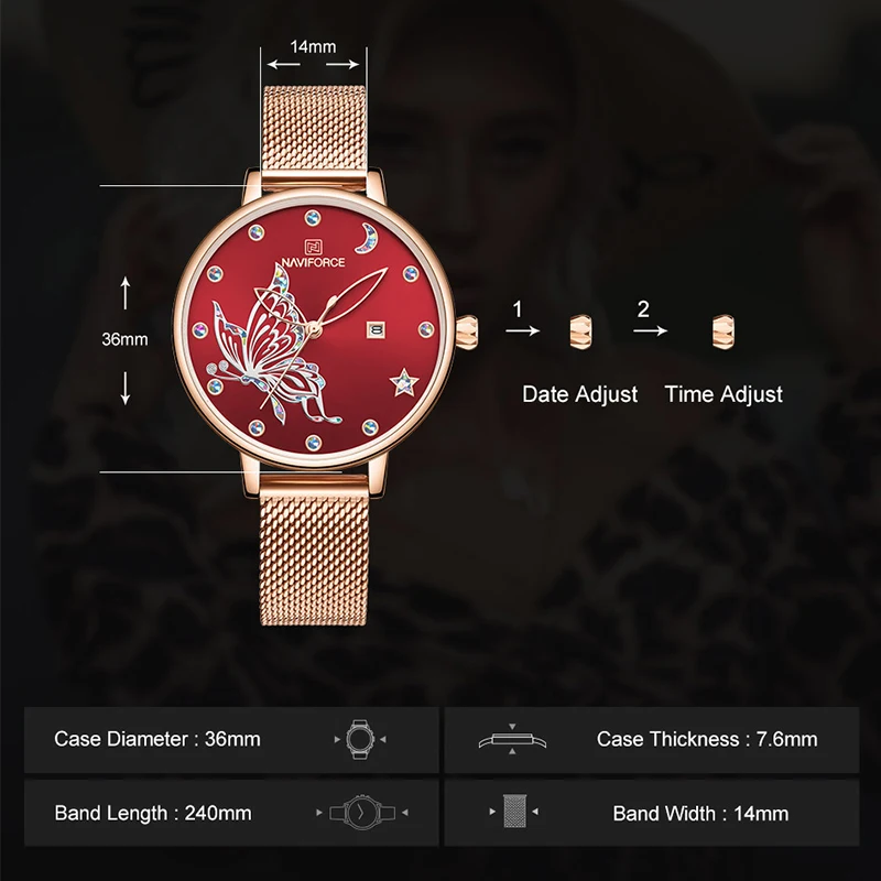 NAVIFORCE, роскошные брендовые часы, женские, модные, под платье, кварцевые, женский, сетчатый, из нержавеющей стали, водонепроницаемые, на каждый день, подарок для девушек и женщин