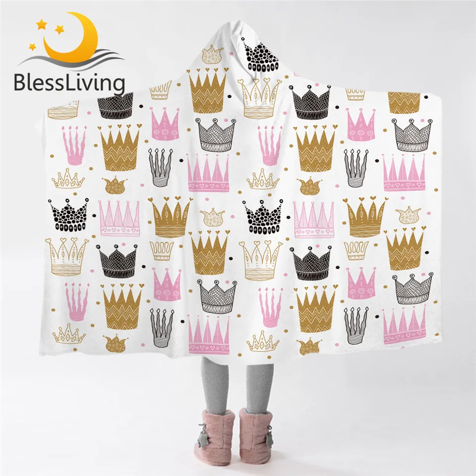 

BlessLiving Princess Crown Hooded Blanket Microfiber Pink Throw Blanket Girly Wearable Blanket Cartoon Sherpa Fleece Blanket