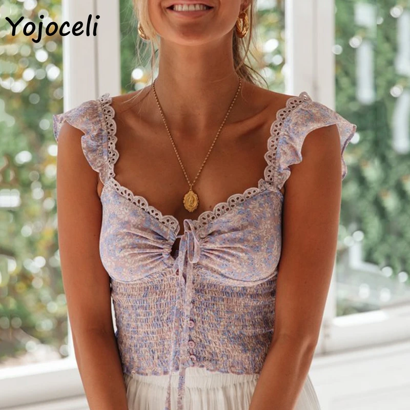 Yojoceli, женская рубашка с цветочным принтом, Топики, женские топы с оборками, квадратная горловина, бант, обрезанная рубашка, Женская топика, весна-лето