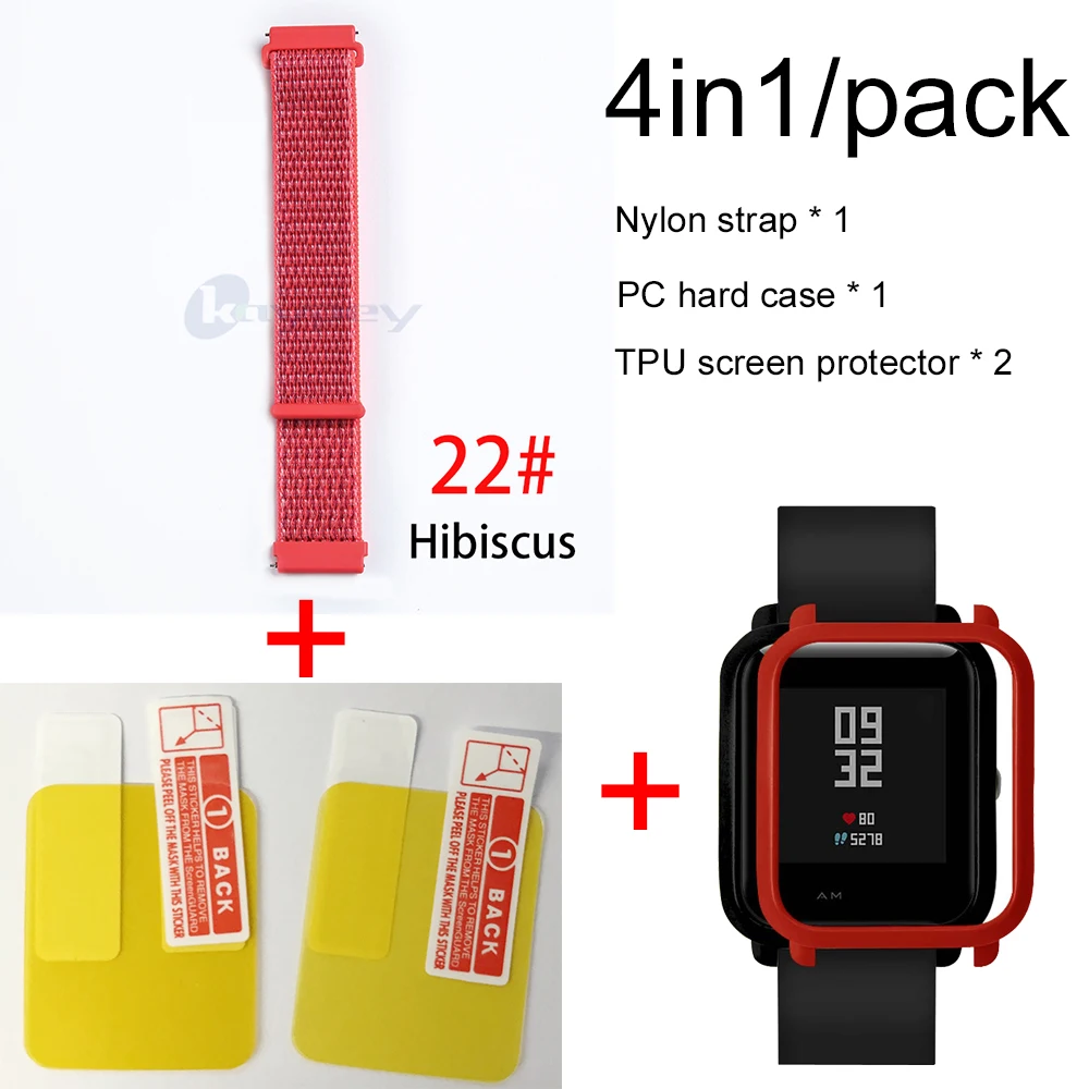 4в1 для Xiaomi Huami Amazfit ремешок bip браслет нейлоновая петля Smartwatch Браслет amazfit bip чехол с защитой экрана - Цвет: 22-Red case