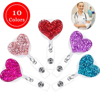 

Love Heart Retractable Nurse Badge Holder ID Badge Reel with Alligator Swivel Clip Bling Students Office Card Key Chain