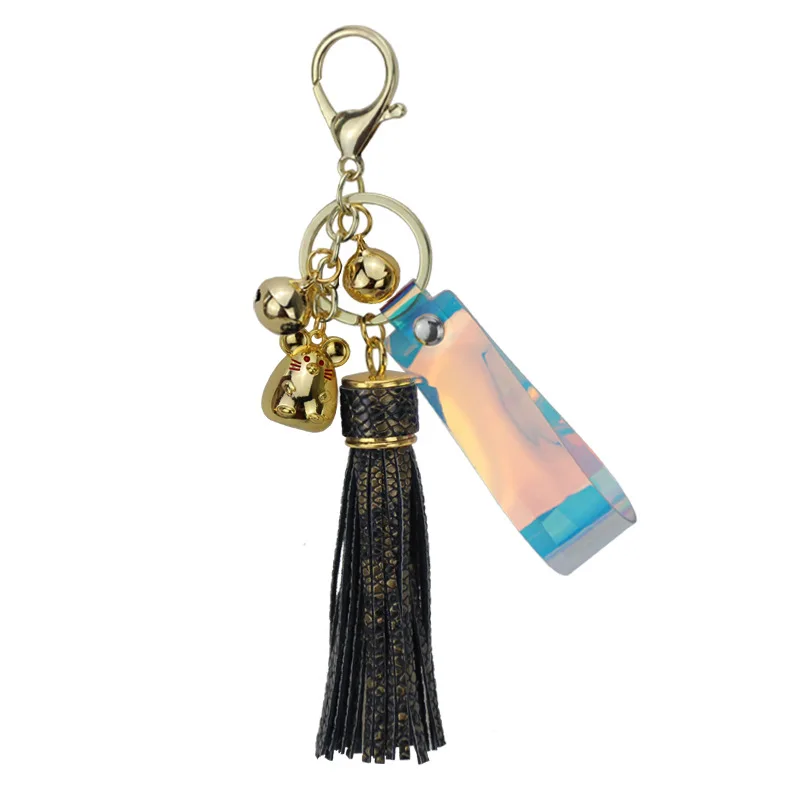 gold-black gold Мультфильм мыши Прекрасный мышь брелок кожаный шнур брелок для ключей с кисточкой для женщин девочек милый Зодиак животных брелок DIY висячие орнамент - Цвет: gold-black gold