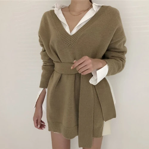 khaki SuperAen, корейский стиль, женские пуловеры, свитер, новинка, Осенний Повседневный женский свитер с v-образным вырезом и длинным рукавом, женские топы - Цвет: khaki